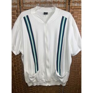 Vintage Jantzen Terry Cloth Shirt Mens 3XL White Stripe Short Sleeve Zip 70s 80s